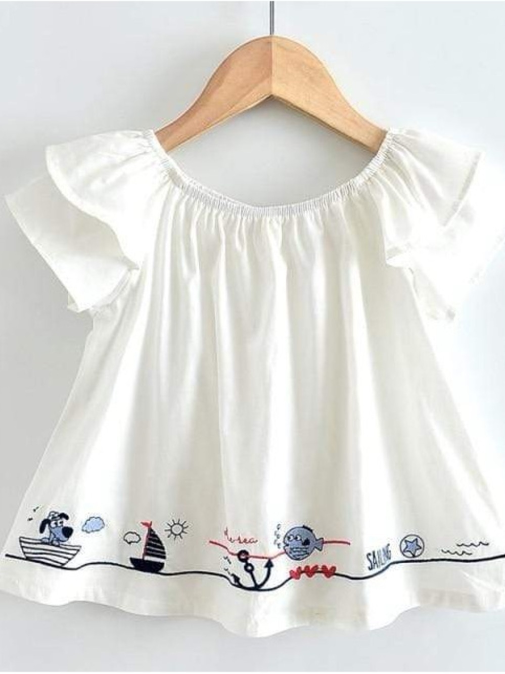 Girls White Nautical Embroidered Ruffle Sleeve Top Size 3T 4T For Summer